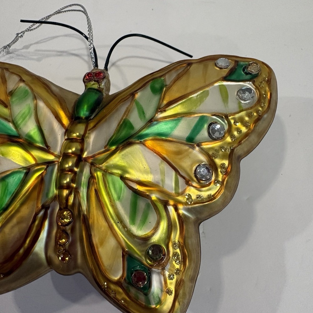 Vintage Hand Blown Glass Butterfly Ornament Gold Green Jeweled Christmas Decor - Picture 3 of 7